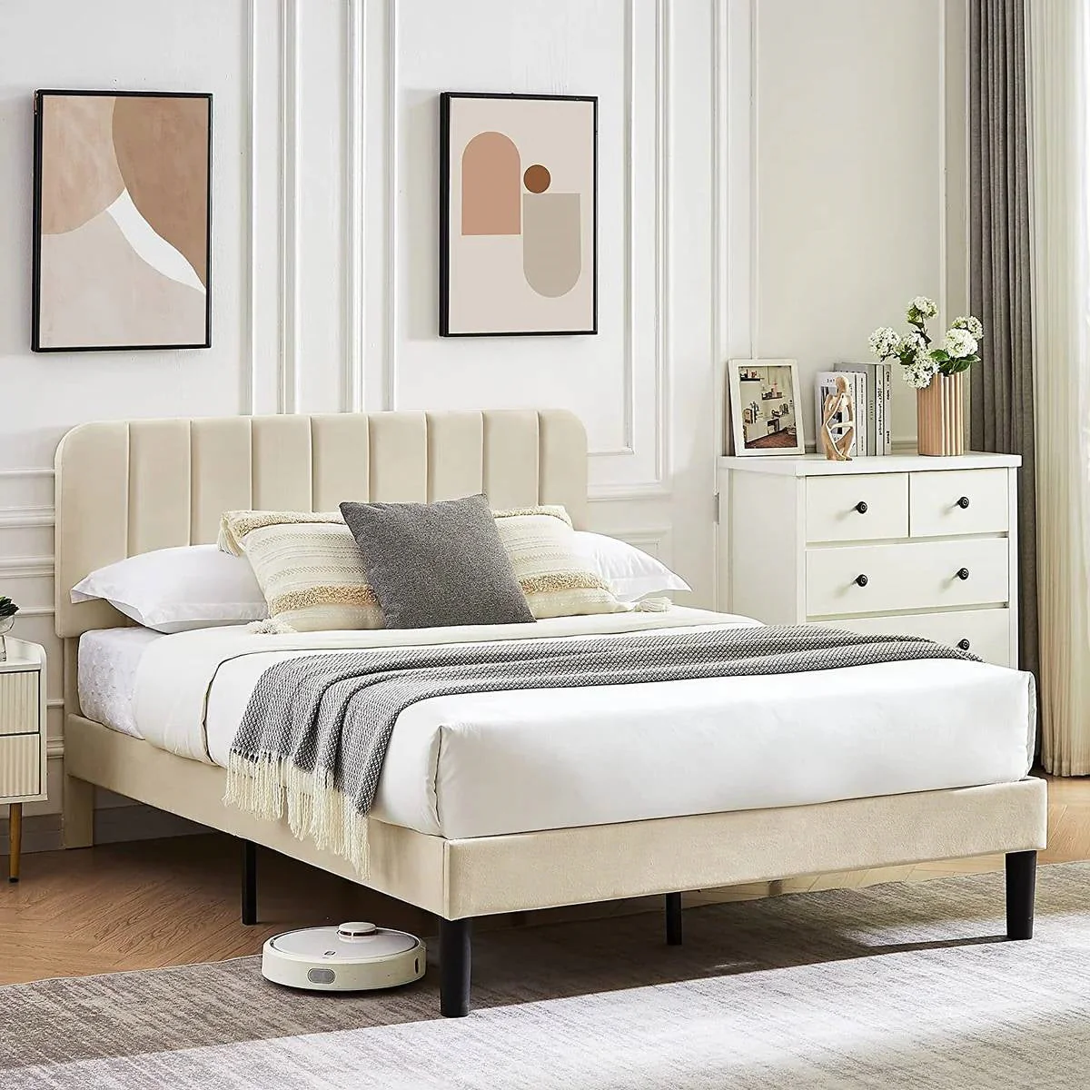 Full size Beige Upholstered Platform Bed Frame with Headboard - Image 3