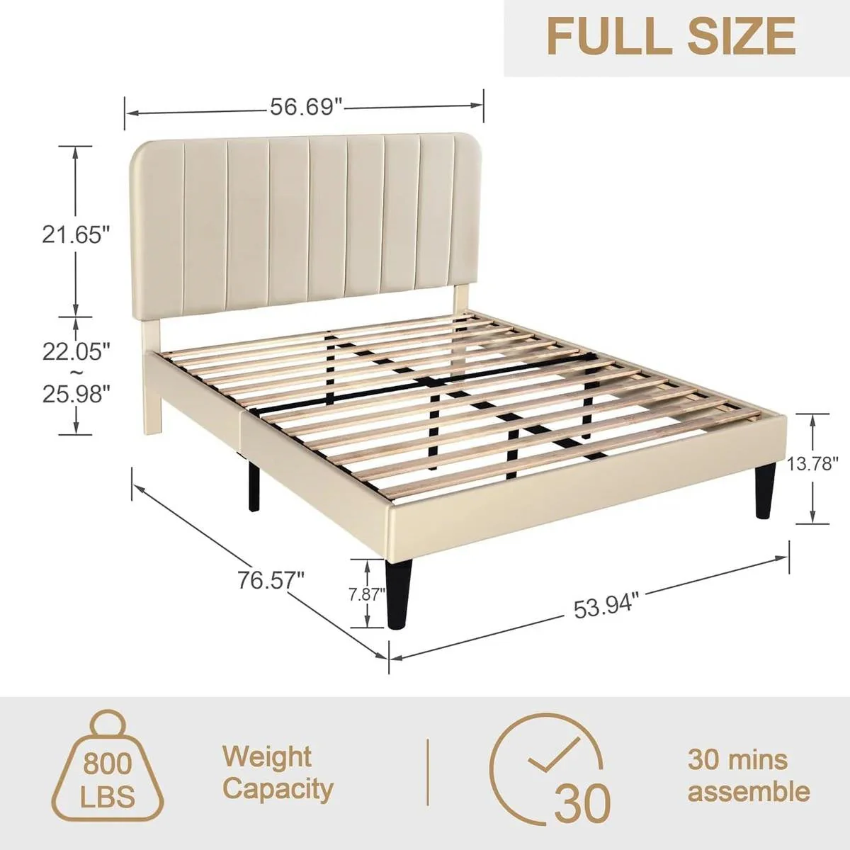 Full size Beige Upholstered Platform Bed Frame with Headboard - Image 5