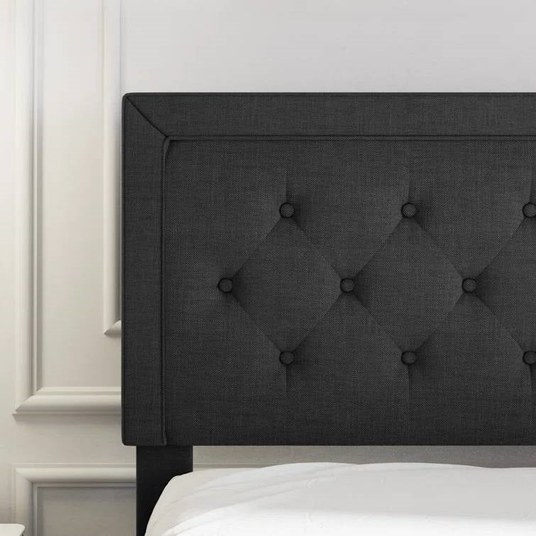 Full size Black Linen Upholstered Platform Bed with Button-Tufted Headboard - Image 4