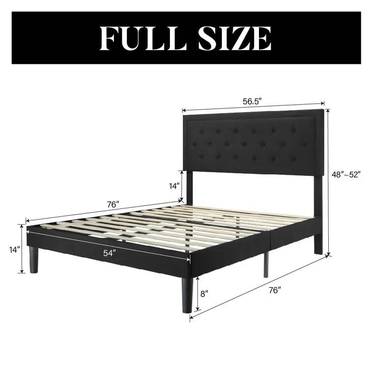 Full size Black Linen Upholstered Platform Bed with Button-Tufted Headboard - Image 5