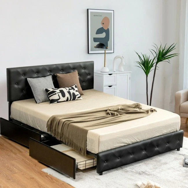 Full Size Black PU Leather Button Tufted Platform Bed with 4 Storage Drawers - Image 3
