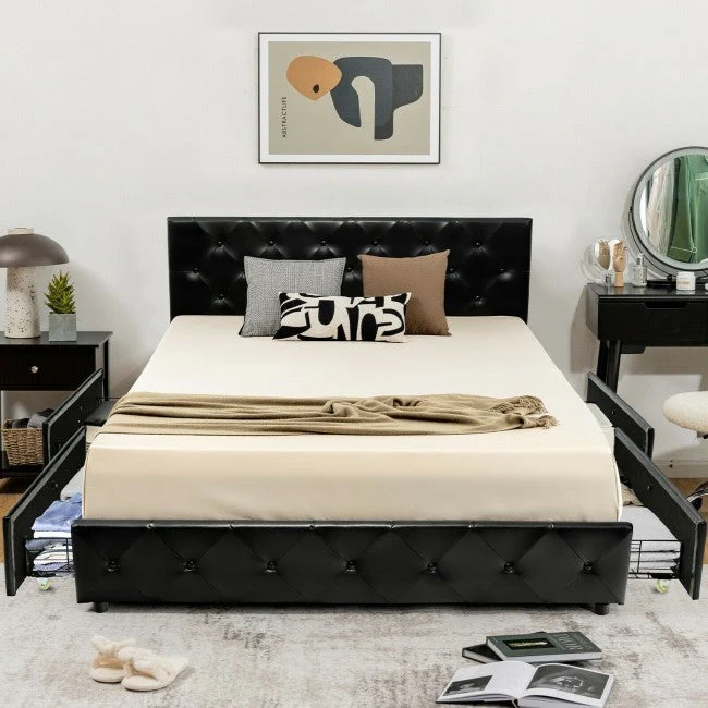 Full Size Black PU Leather Button Tufted Platform Bed with 4 Storage Drawers - Image 4