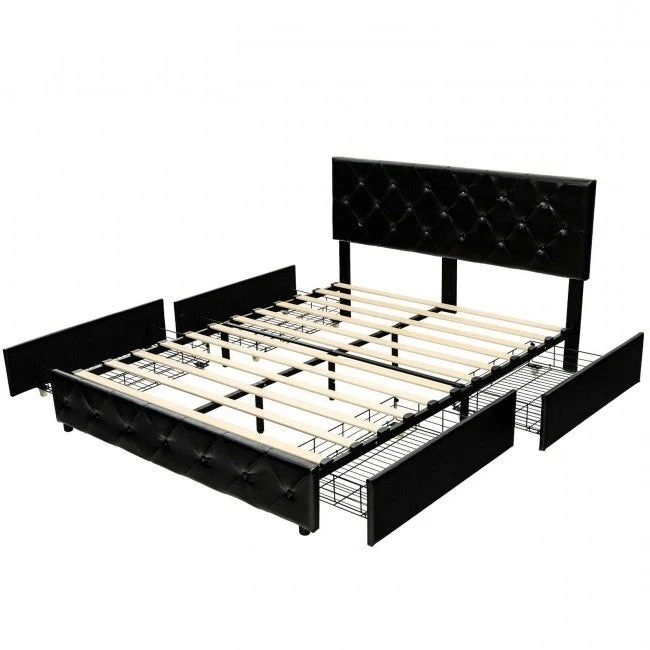 Full Size Black PU Leather Button Tufted Platform Bed with 4 Storage Drawers - Image 5