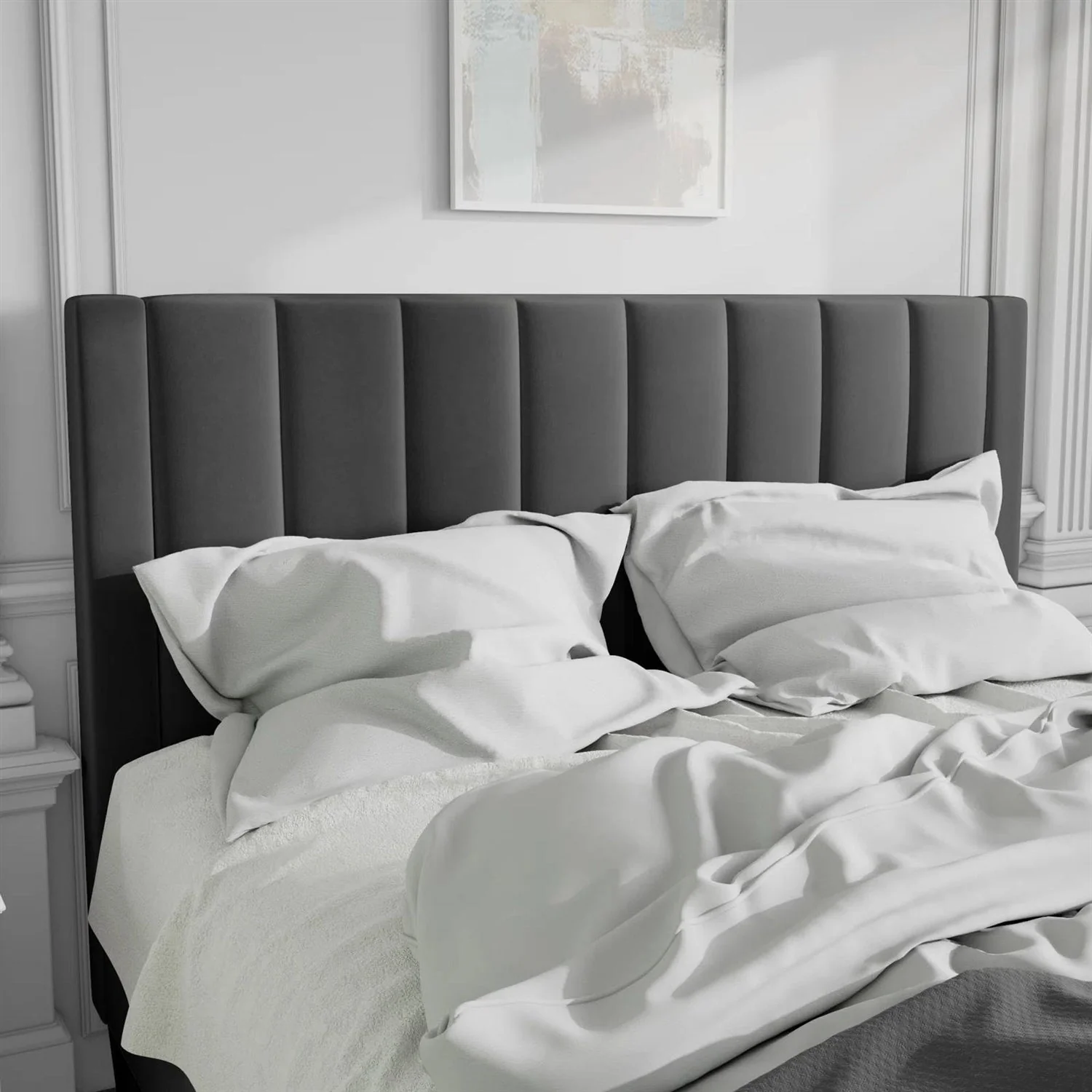 Full size Black Velvet Upholstered Platform Bed Frame with Headboard - Image 3