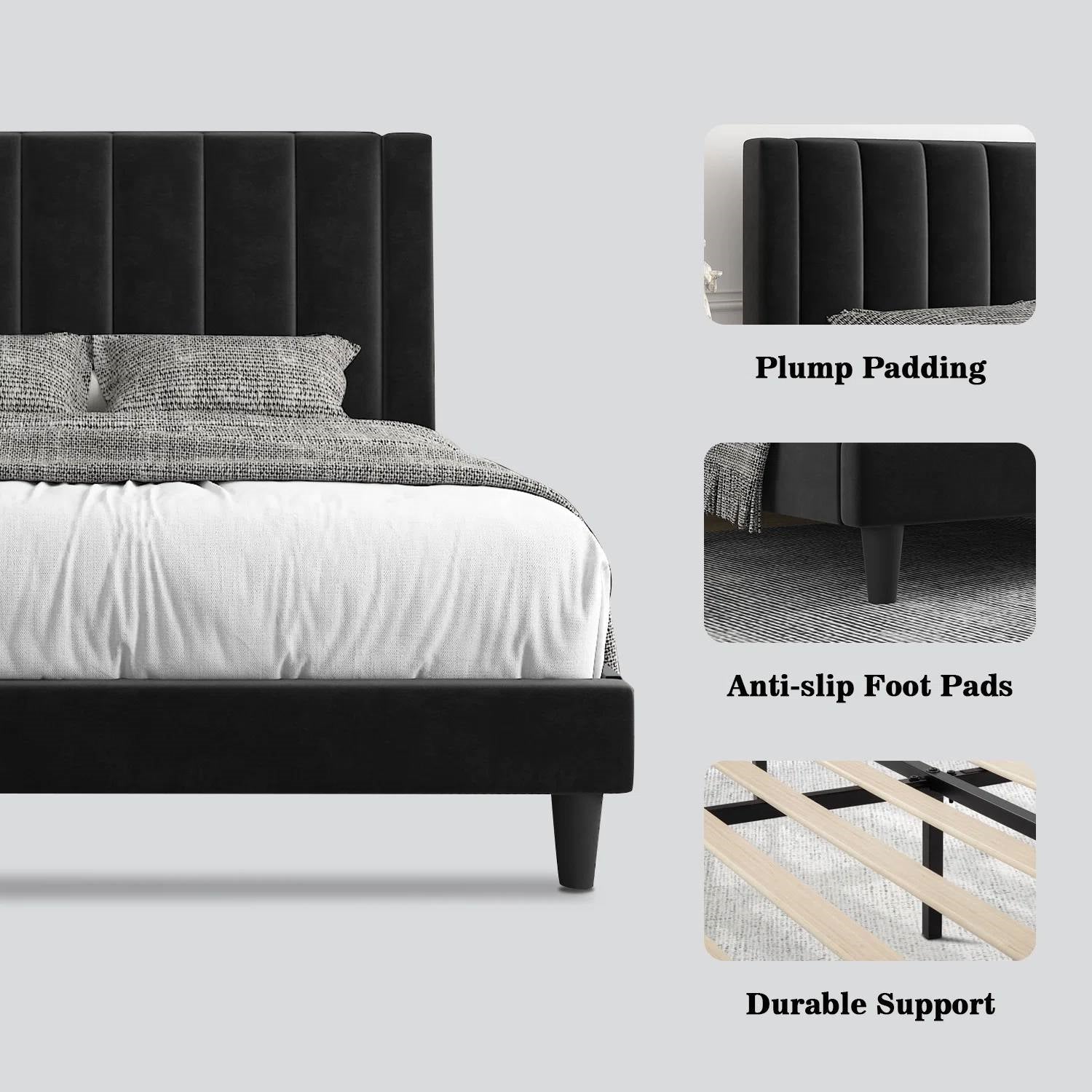 Full size Black Velvet Upholstered Platform Bed Frame with Headboard - Image 4