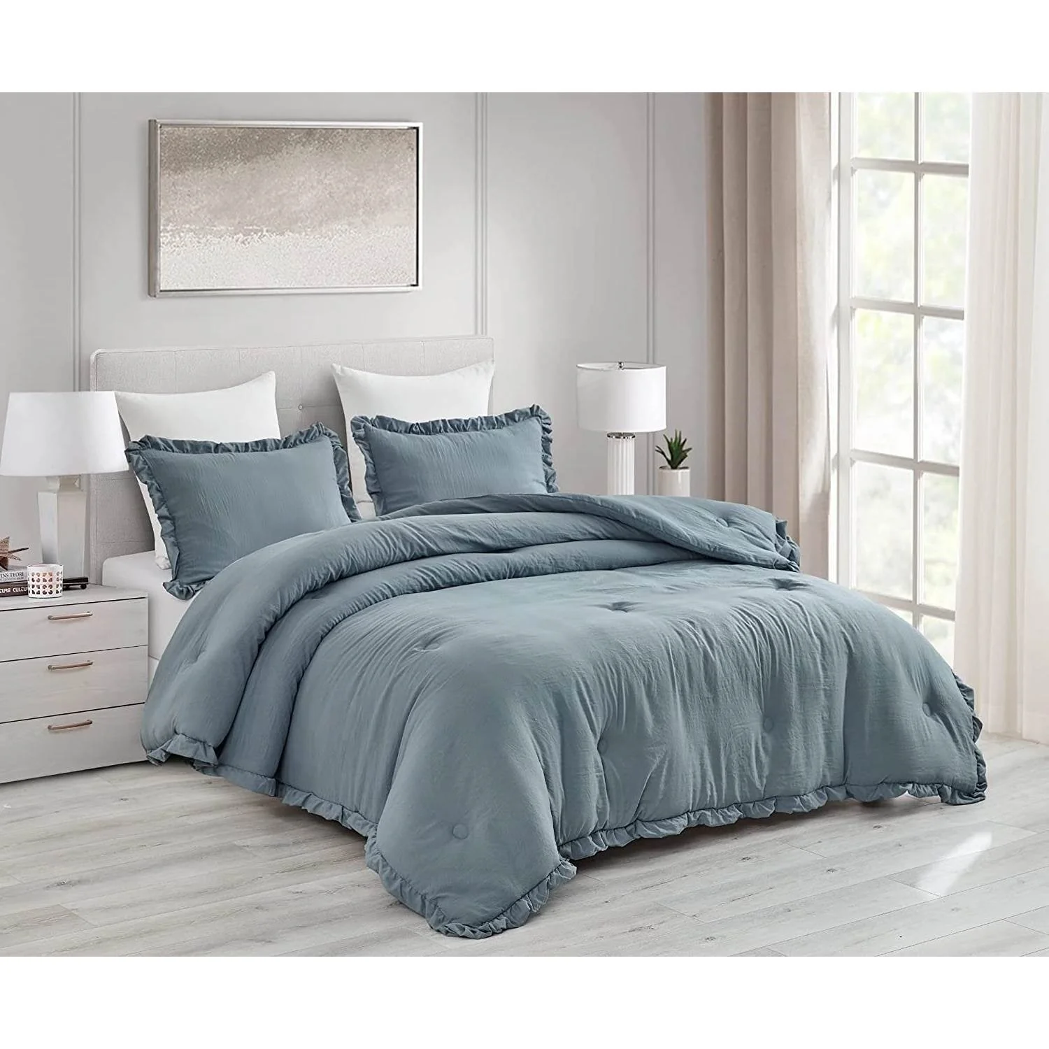 Full Size Blue Stone Washed Ruffled Edge Microfiber 3-Piece Comforter Set - Image 2