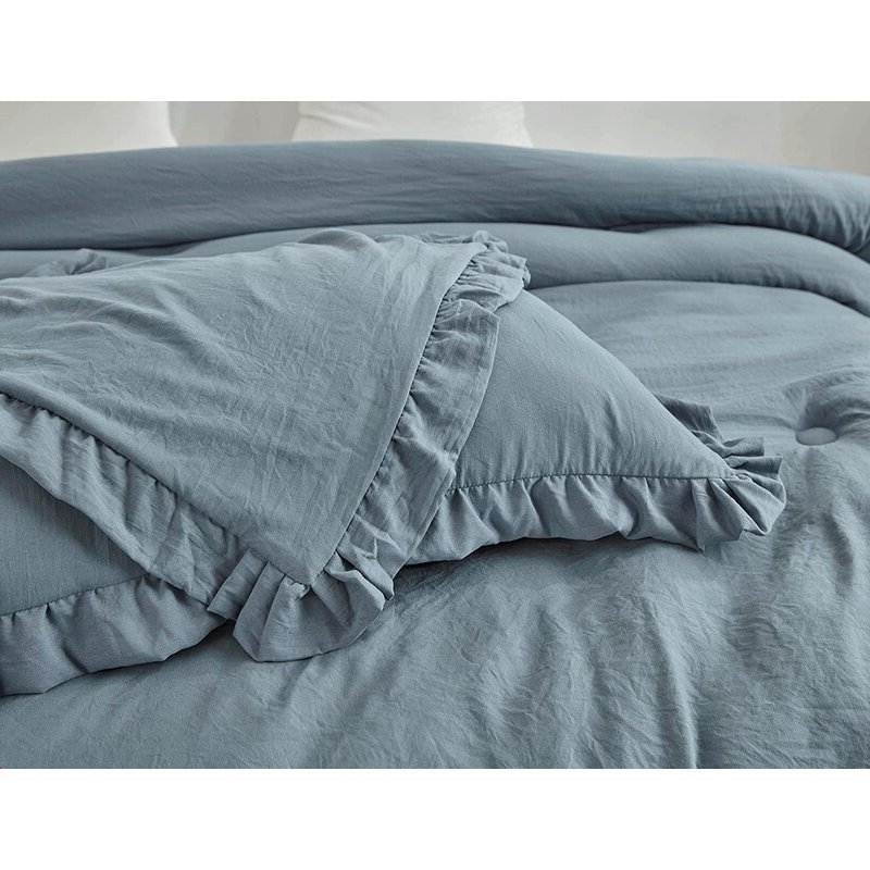 Full Size Blue Stone Washed Ruffled Edge Microfiber 3-Piece Comforter Set - Image 5