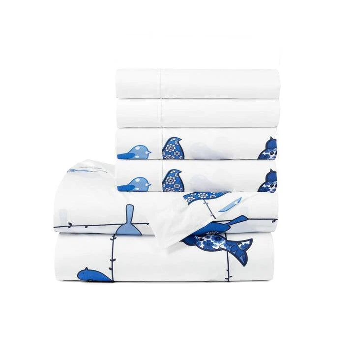 Full size Blue White Floral Birds on Wire Soft Polyester 6 Piece Sheet Set - Image 2