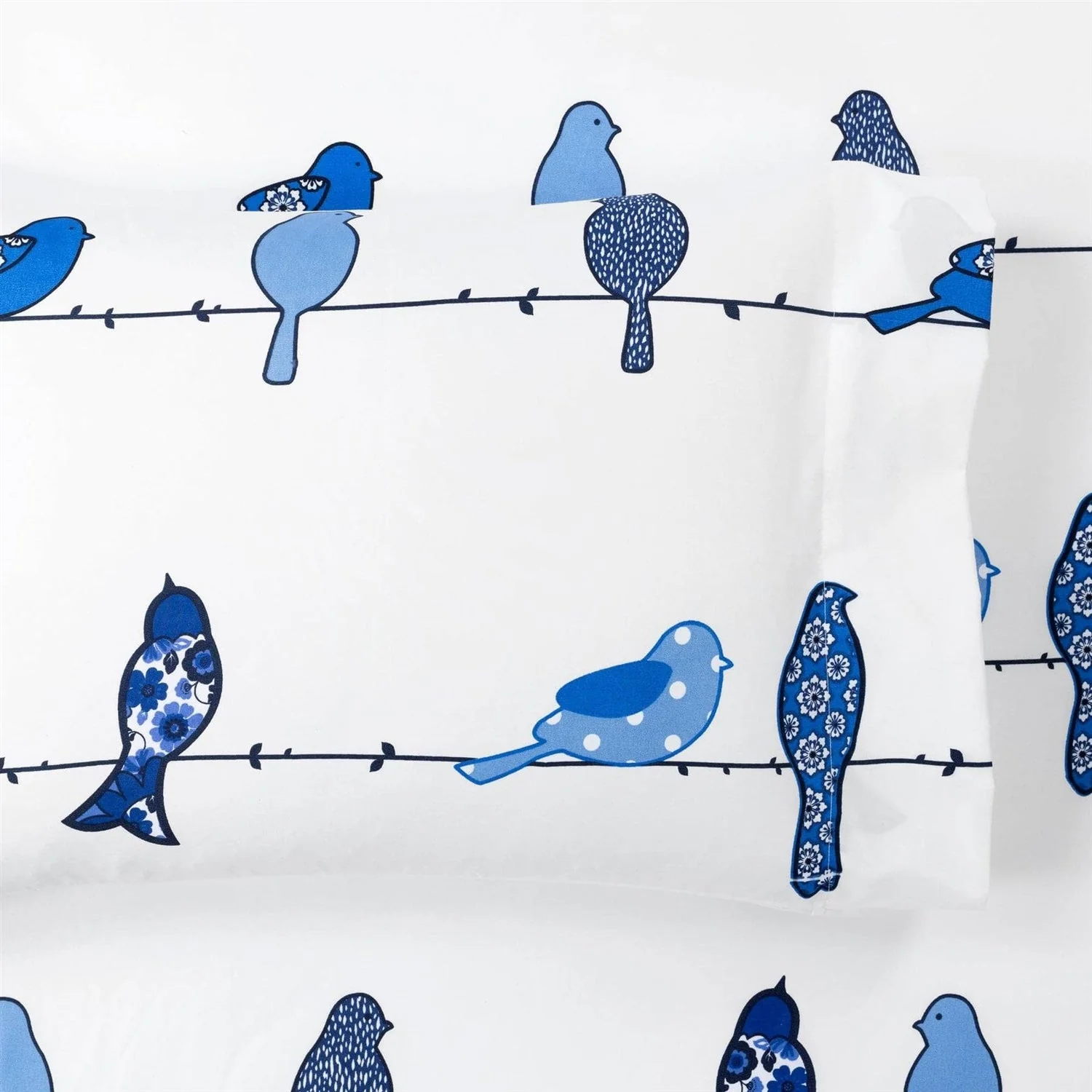 Full size Blue White Floral Birds on Wire Soft Polyester 6 Piece Sheet Set - Image 3