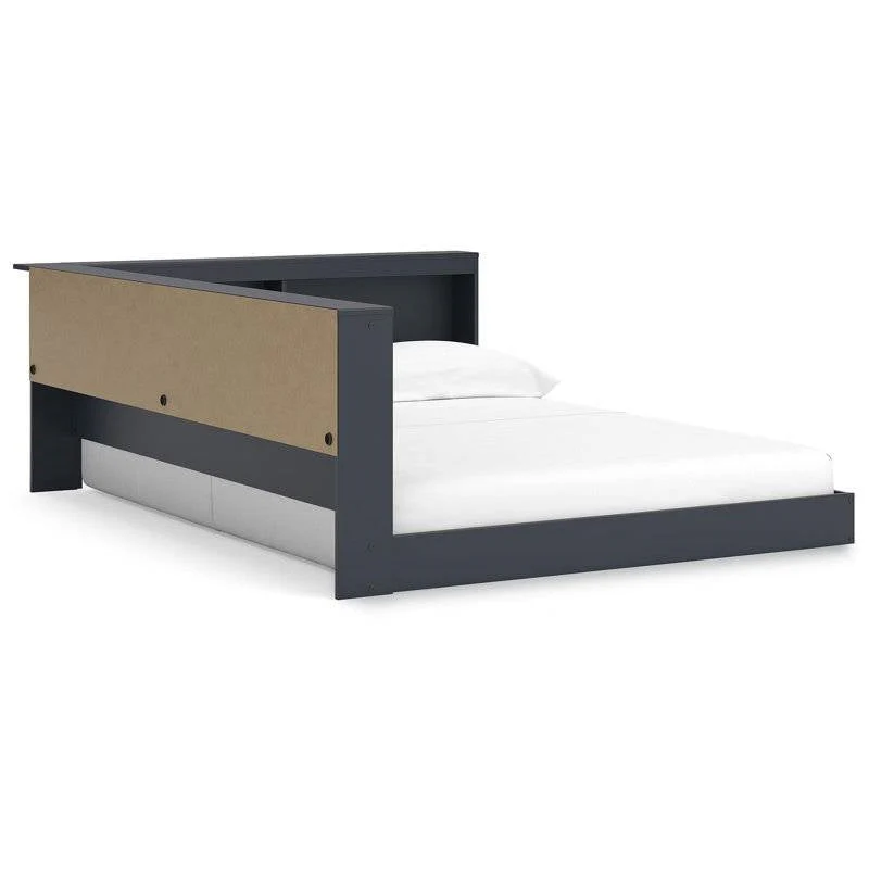 Full size Blue Wooden Corner Storage Bed with Bookcase Headboard and USB Ports - Image 3