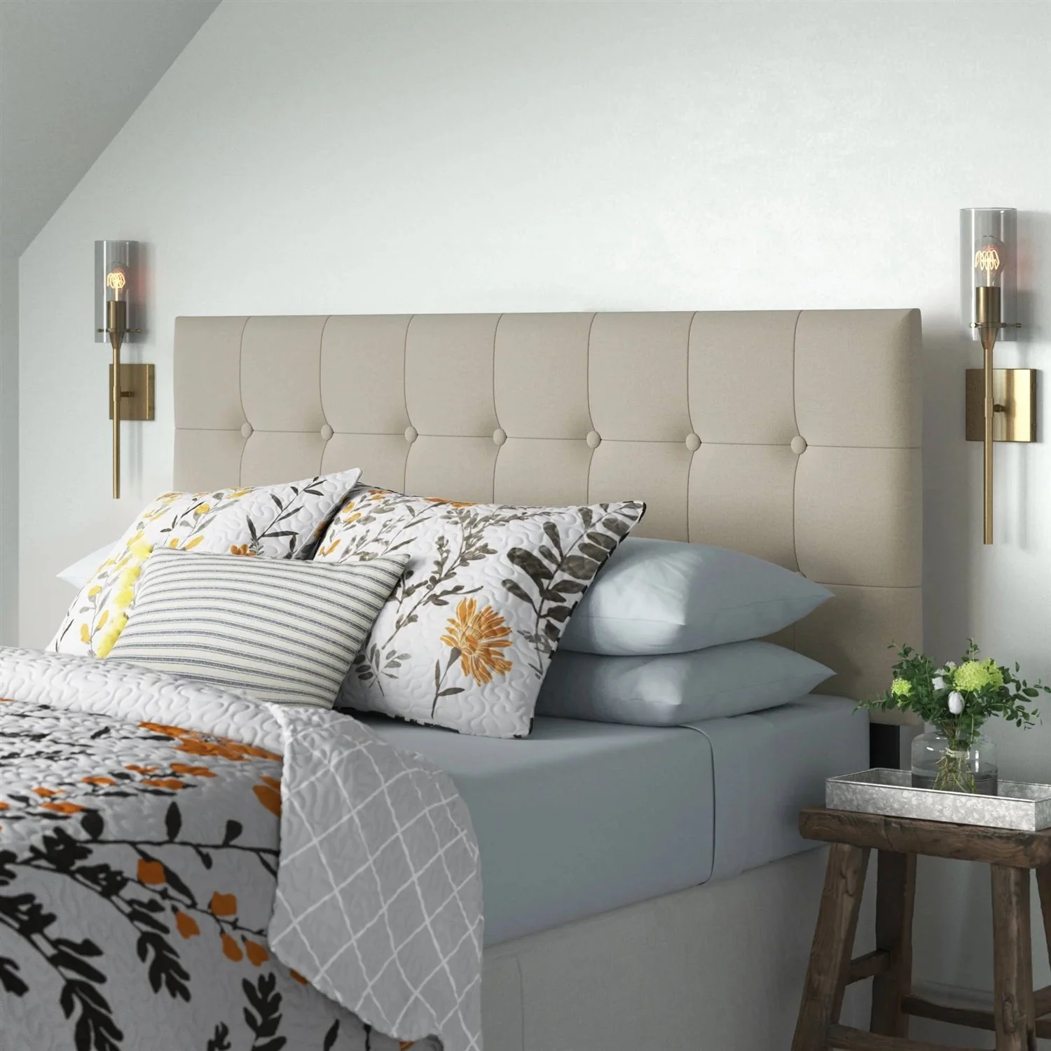 Full size Button-Tufted Headboard in Light Grey Taupe Beige Upholstered Fabric - Image 2