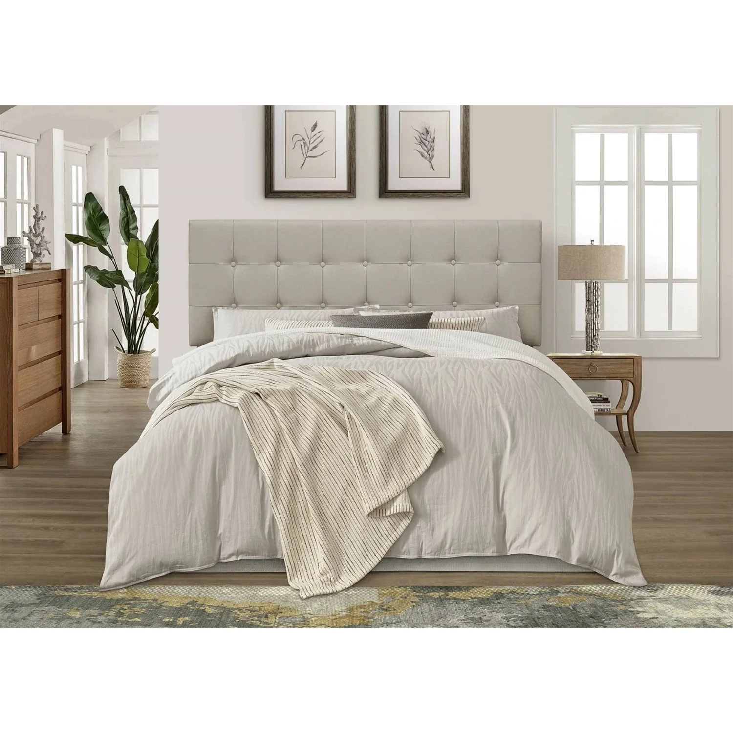 Full size Button-Tufted Headboard in Light Grey Taupe Beige Upholstered Fabric - Image 3