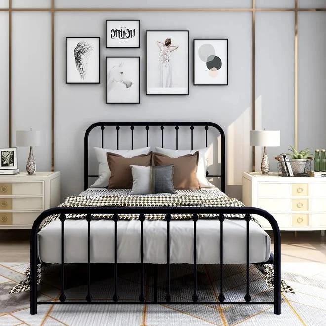 Full size Classic Black Metal Bed Frame with Slatted Headboard and Footboard - Image 2
