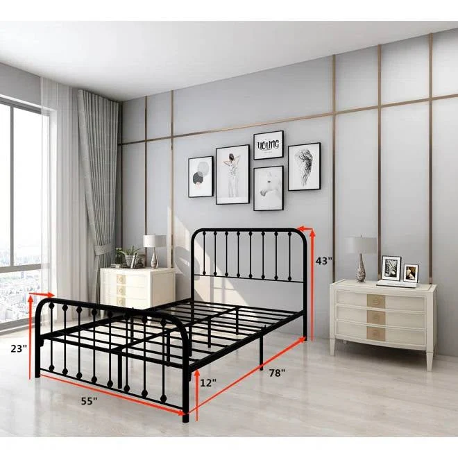 Full size Classic Black Metal Bed Frame with Slatted Headboard and Footboard - Image 3