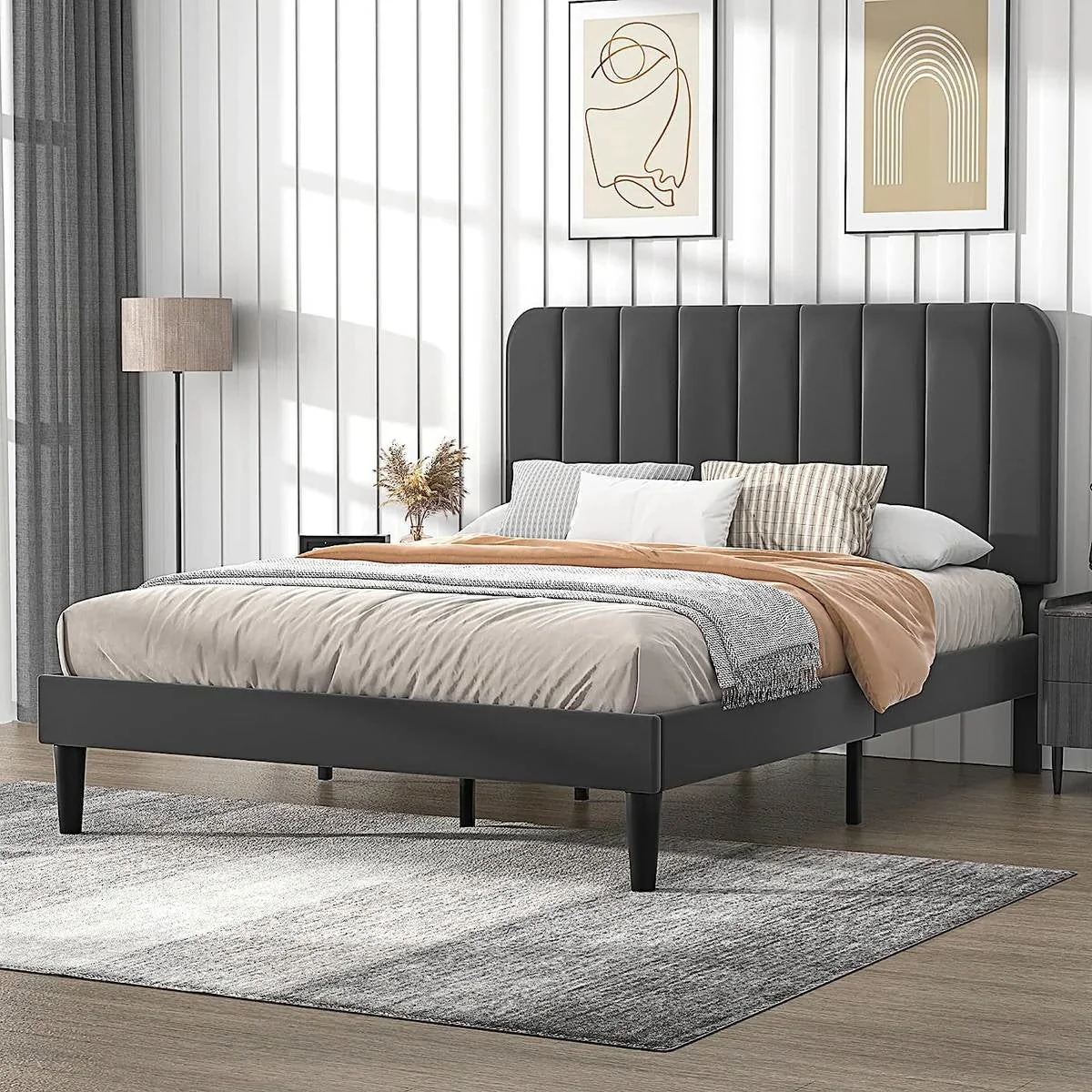 Full size Dark Grey Upholstered Platform Bed Frame with Headboard - Image 2