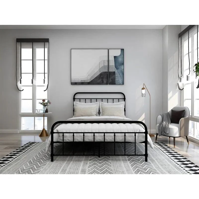 Full size Farmhouse Black Metal Bed Frame with Rounded Headboard Footboard - Image 2