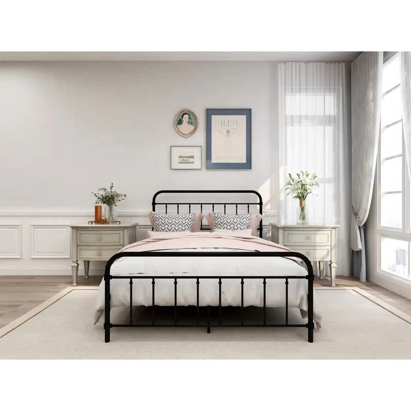 Full size Farmhouse Black Metal Bed Frame with Rounded Headboard Footboard - Image 3