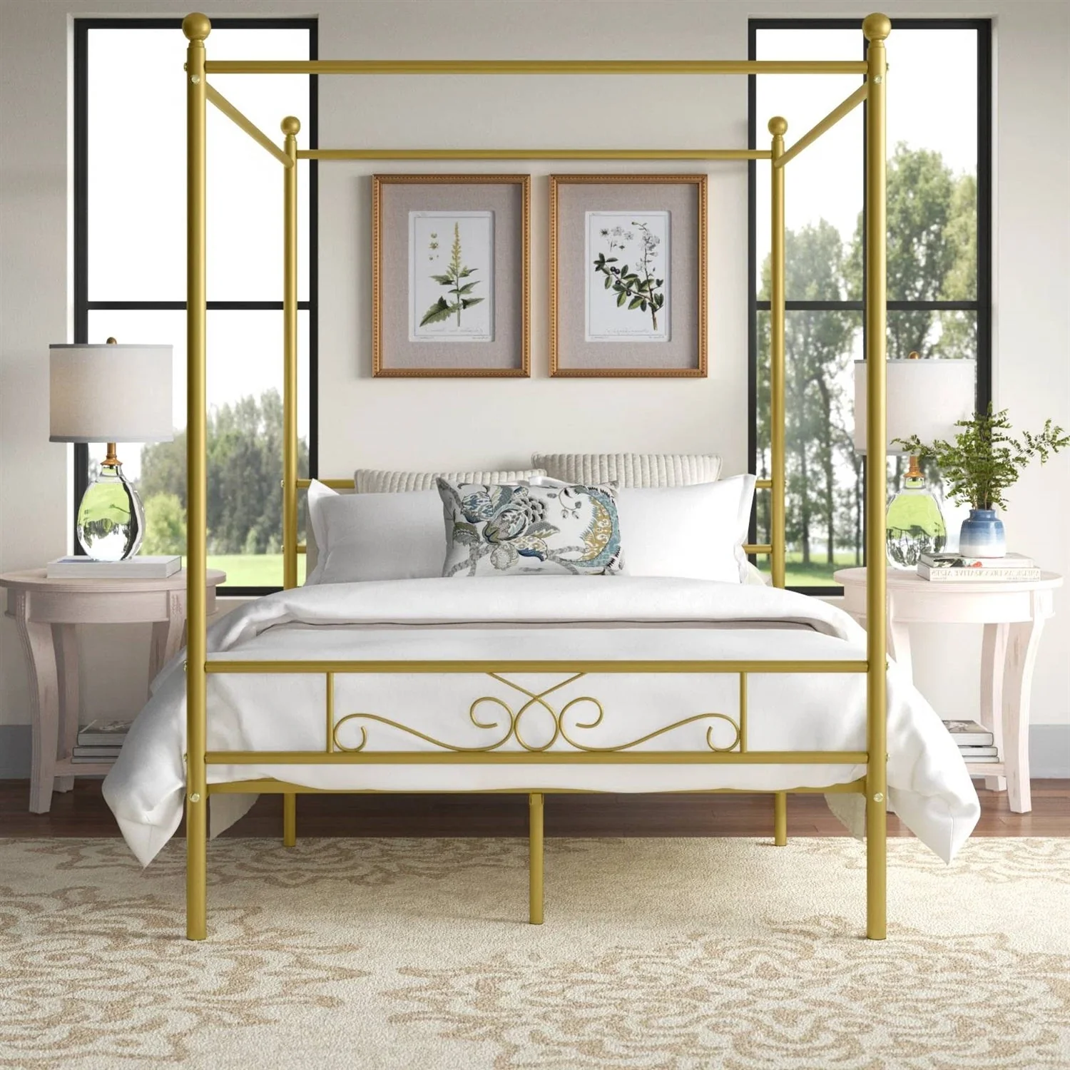 Full size French Country Four Poster Metal Canopy Bed in Gold Finish - Image 2