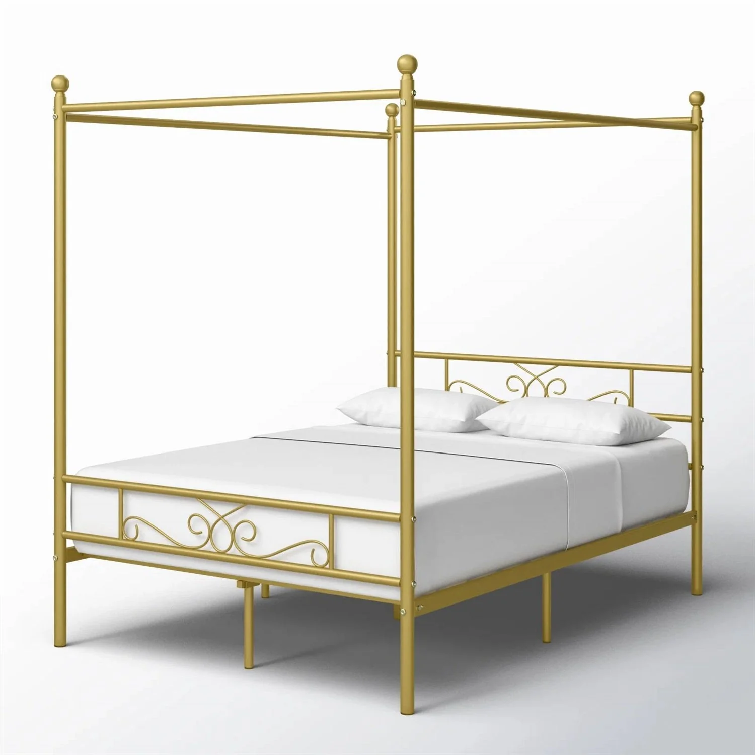 Full size French Country Four Poster Metal Canopy Bed in Gold Finish - Image 4