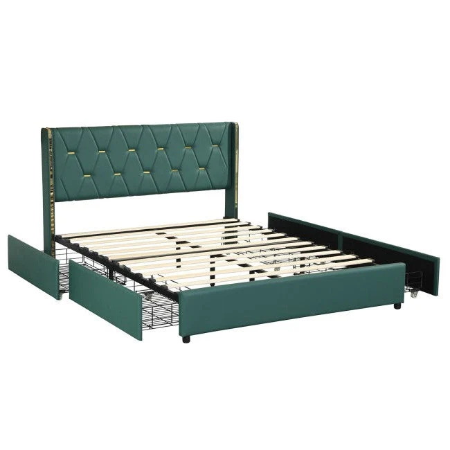 Full Size Green/Gold Linen Headboard 4 Drawer Storage Platform Bed - Image 2