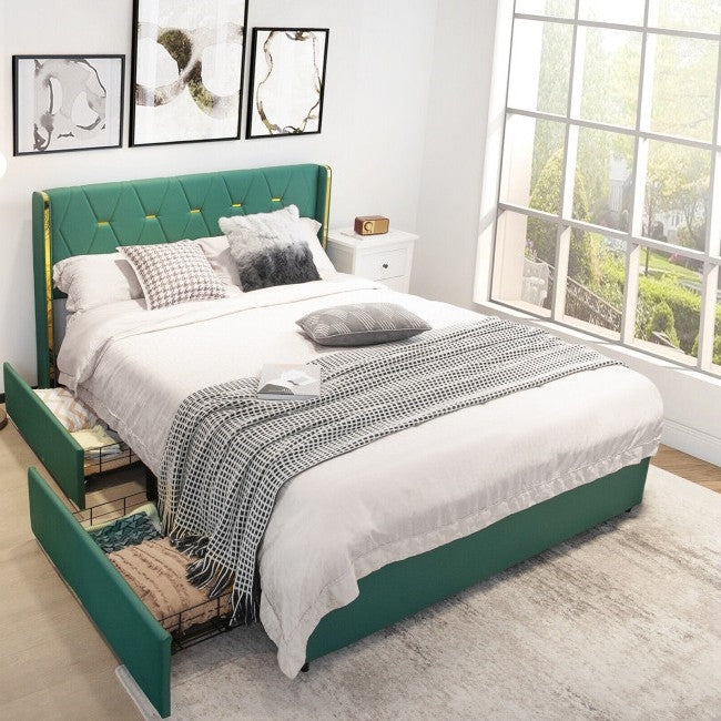 Full Size Green/Gold Linen Headboard 4 Drawer Storage Platform Bed - Image 4
