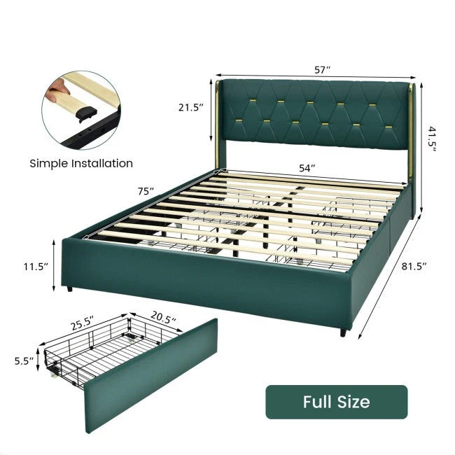 Full Size Green/Gold Linen Headboard 4 Drawer Storage Platform Bed - Image 5