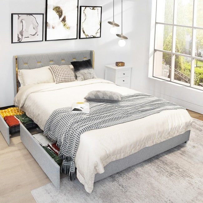 Full Size Grey/Gold Linen Headboard 4 Drawer Storage Platform Bed - Image 3