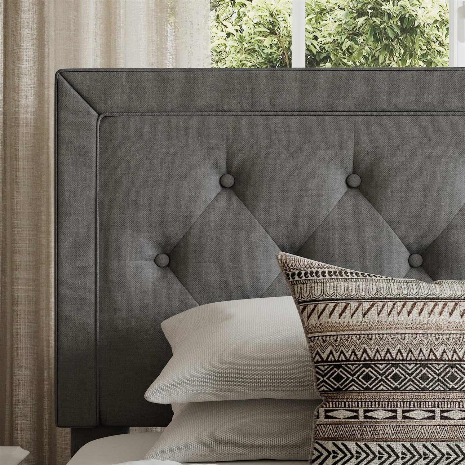 Full size Grey Linen Upholstered Platform Bed Frame with Button-Tufted Headboard - Image 2