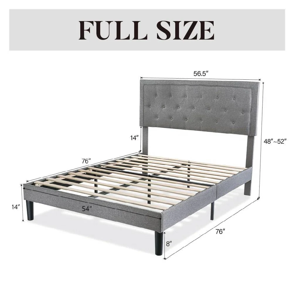 Full size Grey Linen Upholstered Platform Bed Frame with Button-Tufted Headboard - Image 4
