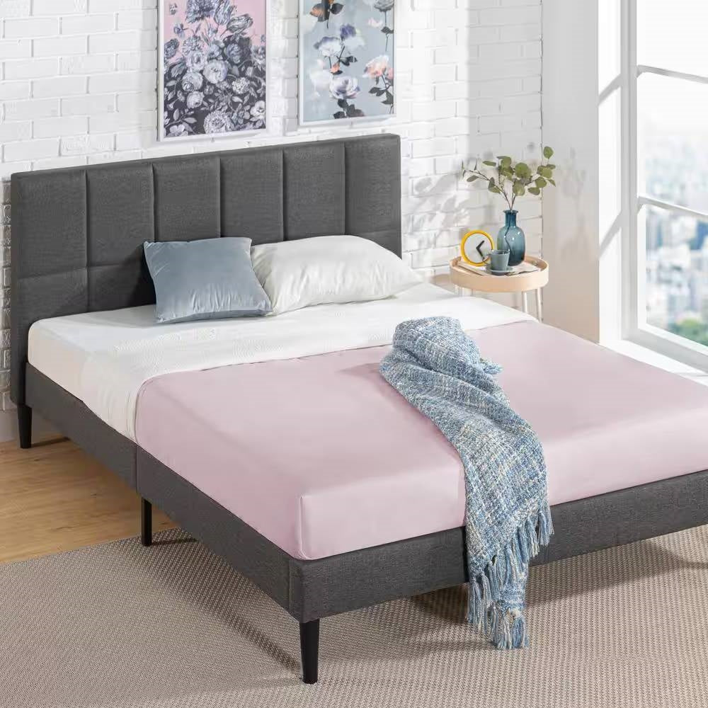 Full size Grey Upholstered Platform Bed Frame with Padded Headboard - Image 2