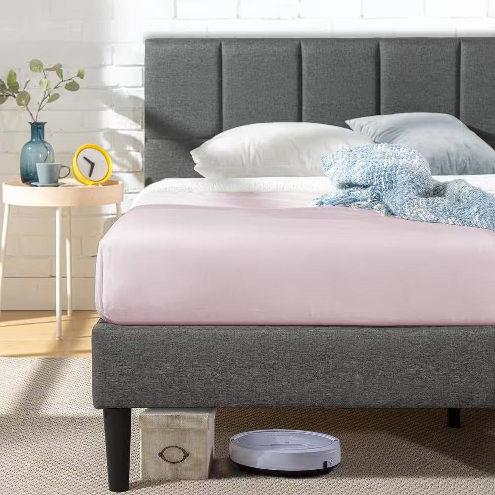Full size Grey Upholstered Platform Bed Frame with Padded Headboard - Image 3