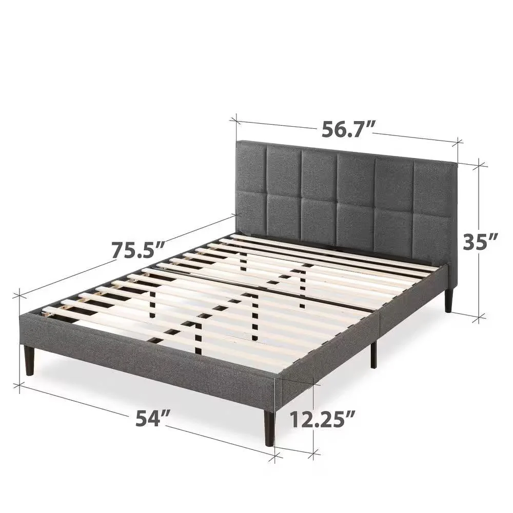 Full size Grey Upholstered Platform Bed Frame with Padded Headboard - Image 5