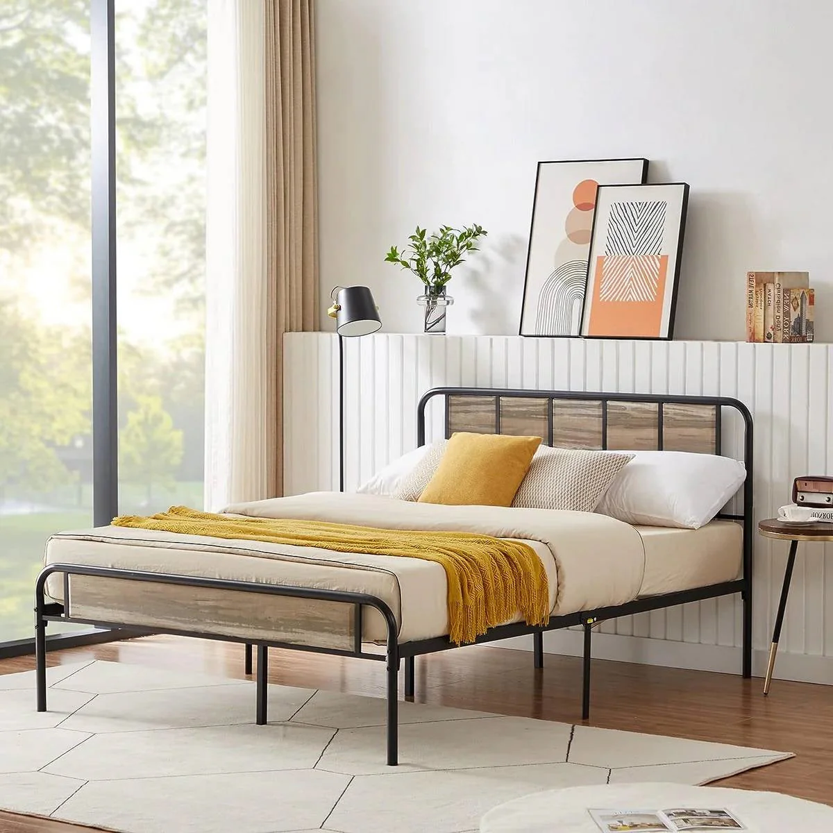 Full size Grey Wood Metal Platform Bed Frame with Rounded Headboard Footboard - Image 2