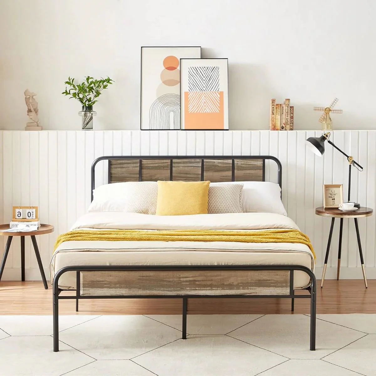 Full size Grey Wood Metal Platform Bed Frame with Rounded Headboard Footboard - Image 3
