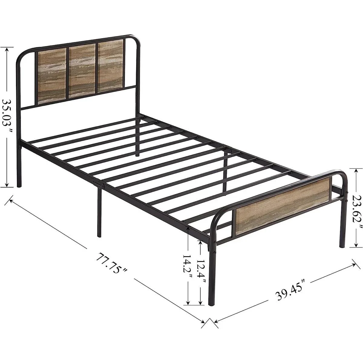 Full size Grey Wood Metal Platform Bed Frame with Rounded Headboard Footboard - Image 4