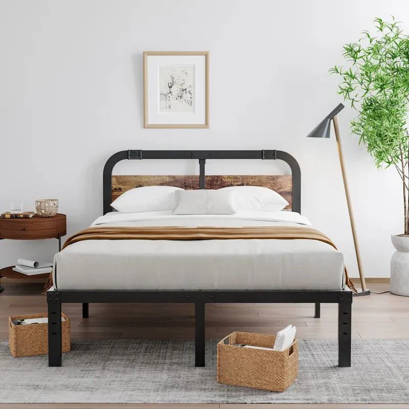 Full size Heavy Duty Black Metal Bed Frame with Solid Wood Panel Headboard - Image 2