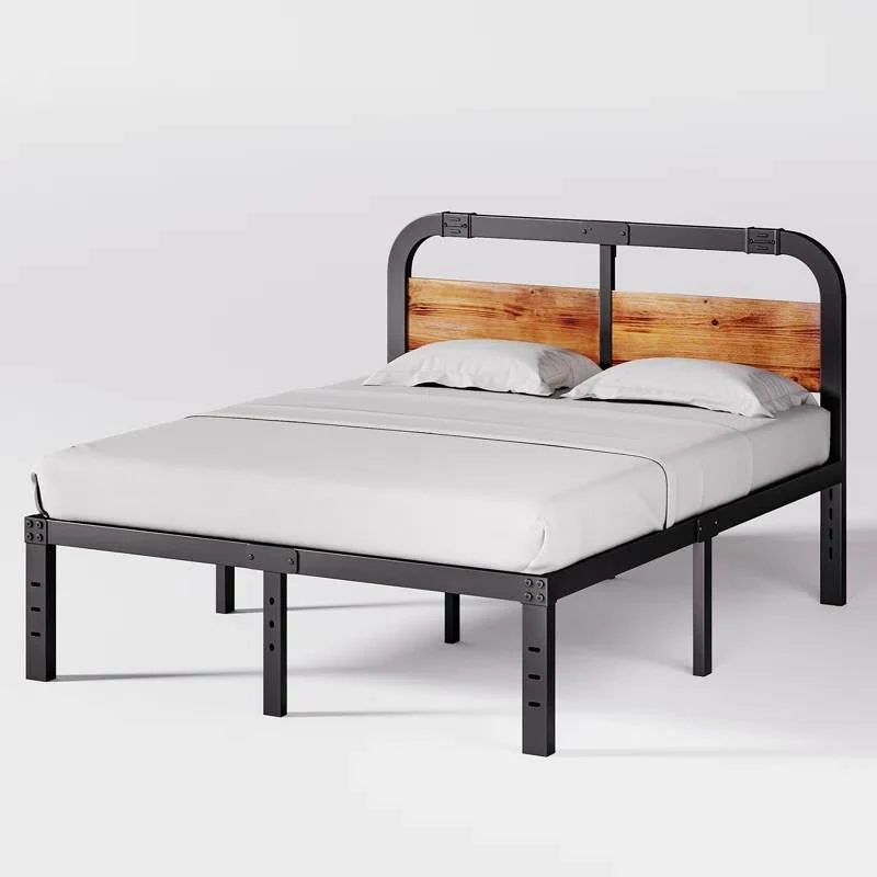Full size Heavy Duty Black Metal Bed Frame with Solid Wood Panel Headboard - Image 3