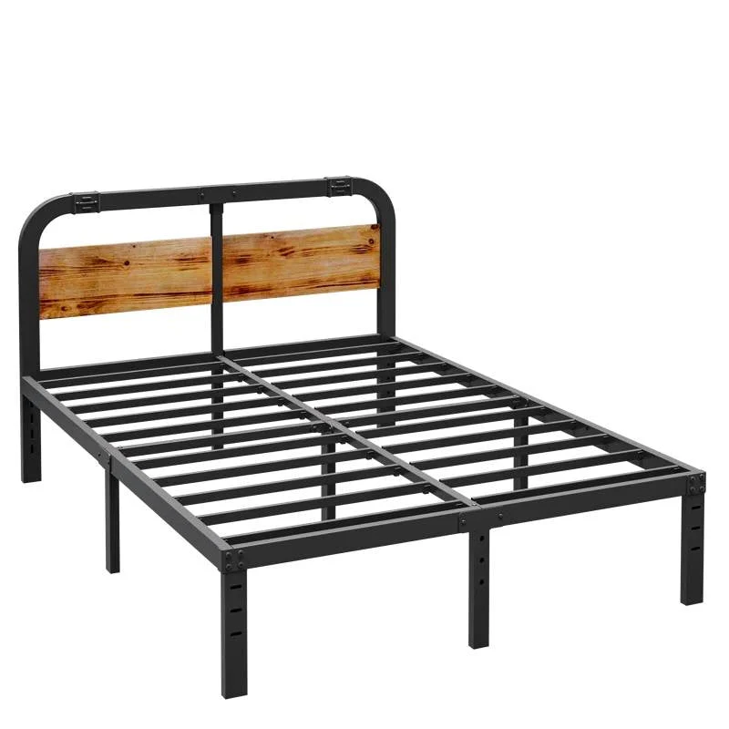 Full size Heavy Duty Black Metal Bed Frame with Solid Wood Panel Headboard - Image 4