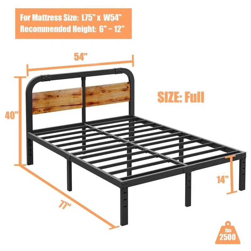Full size Heavy Duty Black Metal Bed Frame with Solid Wood Panel Headboard - Image 5
