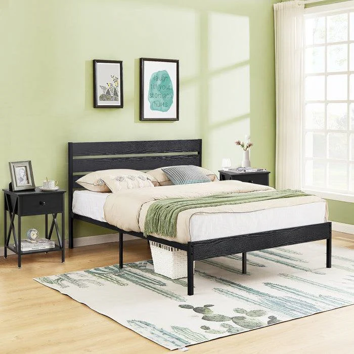 Full size Industrial Platform Bed Frame with Wood Slatted Headboard in Black - Image 2