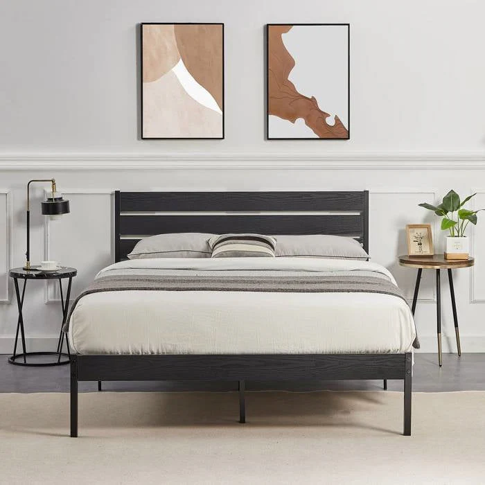 Full size Industrial Platform Bed Frame with Wood Slatted Headboard in Black - Image 3