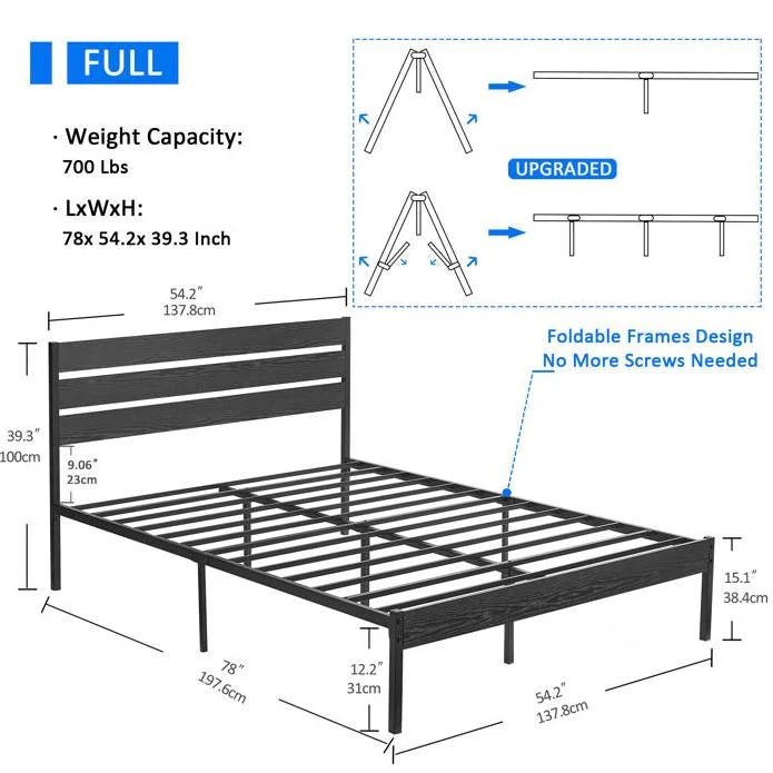 Full size Industrial Platform Bed Frame with Wood Slatted Headboard in Black - Image 5