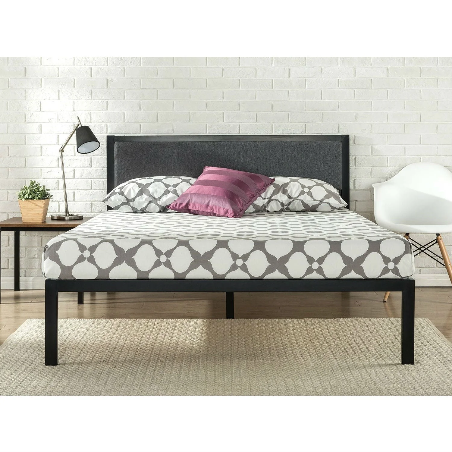 Full size Metal Platform Bed Frame with Wood Slats and Upholstered Headboard - Image 2