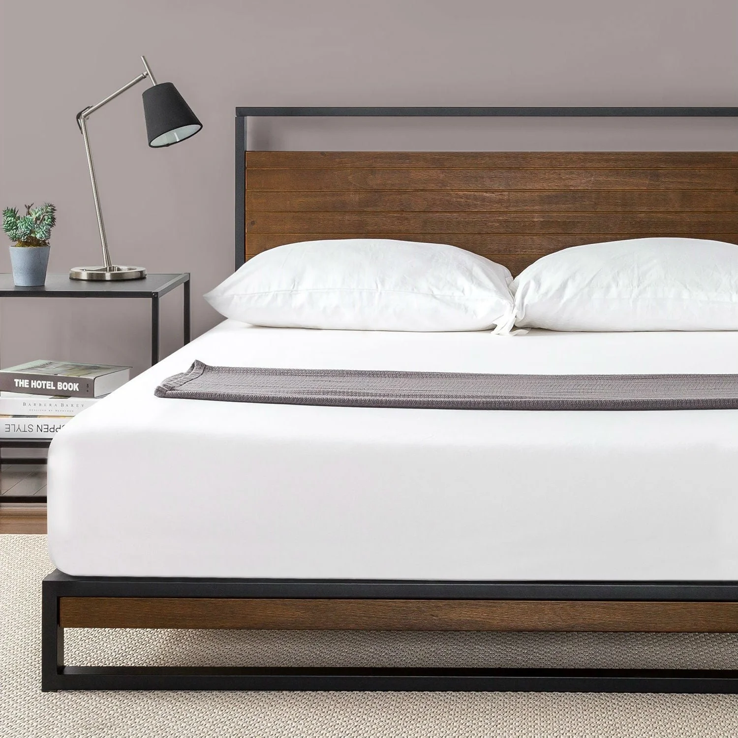 Full size Metal Wood Platform Bed Frame with Headboard - Image 2