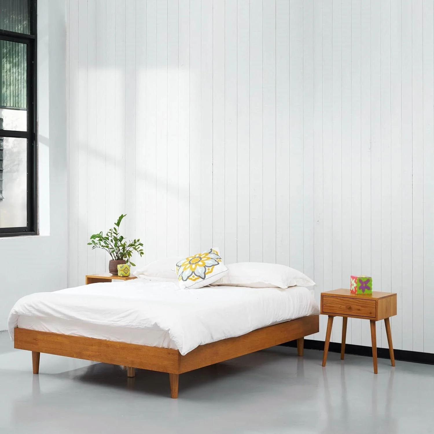 Full size Mid-Century Modern Platform Bed Frame in Light Wood Finish - Image 2