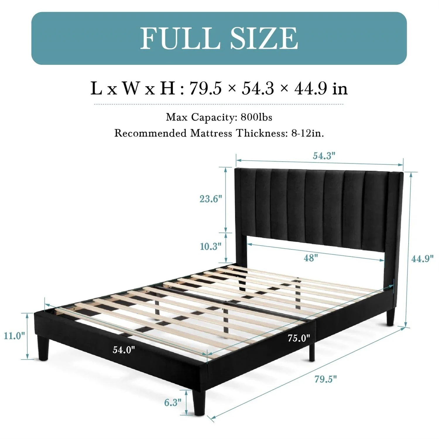 Full size Modern Black Velvet Upholstered Platform Bed with Headboard - Image 5