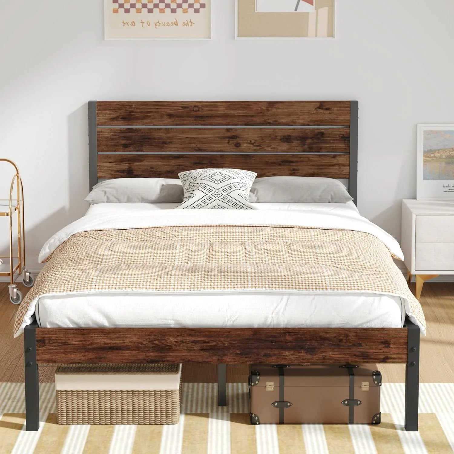 Full size Modern Farmhouse Metal Platform Bed Frame with Brown Wood Headboard - Image 2