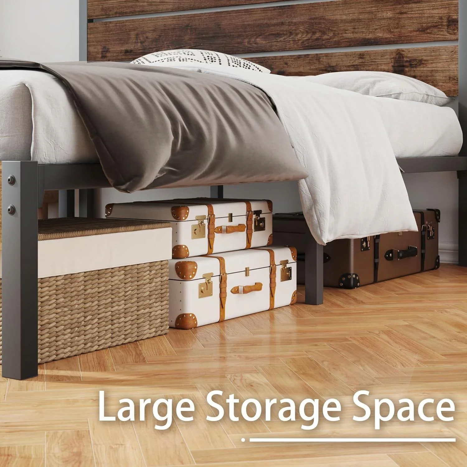 Full size Modern Farmhouse Metal Platform Bed Frame with Brown Wood Headboard - Image 3