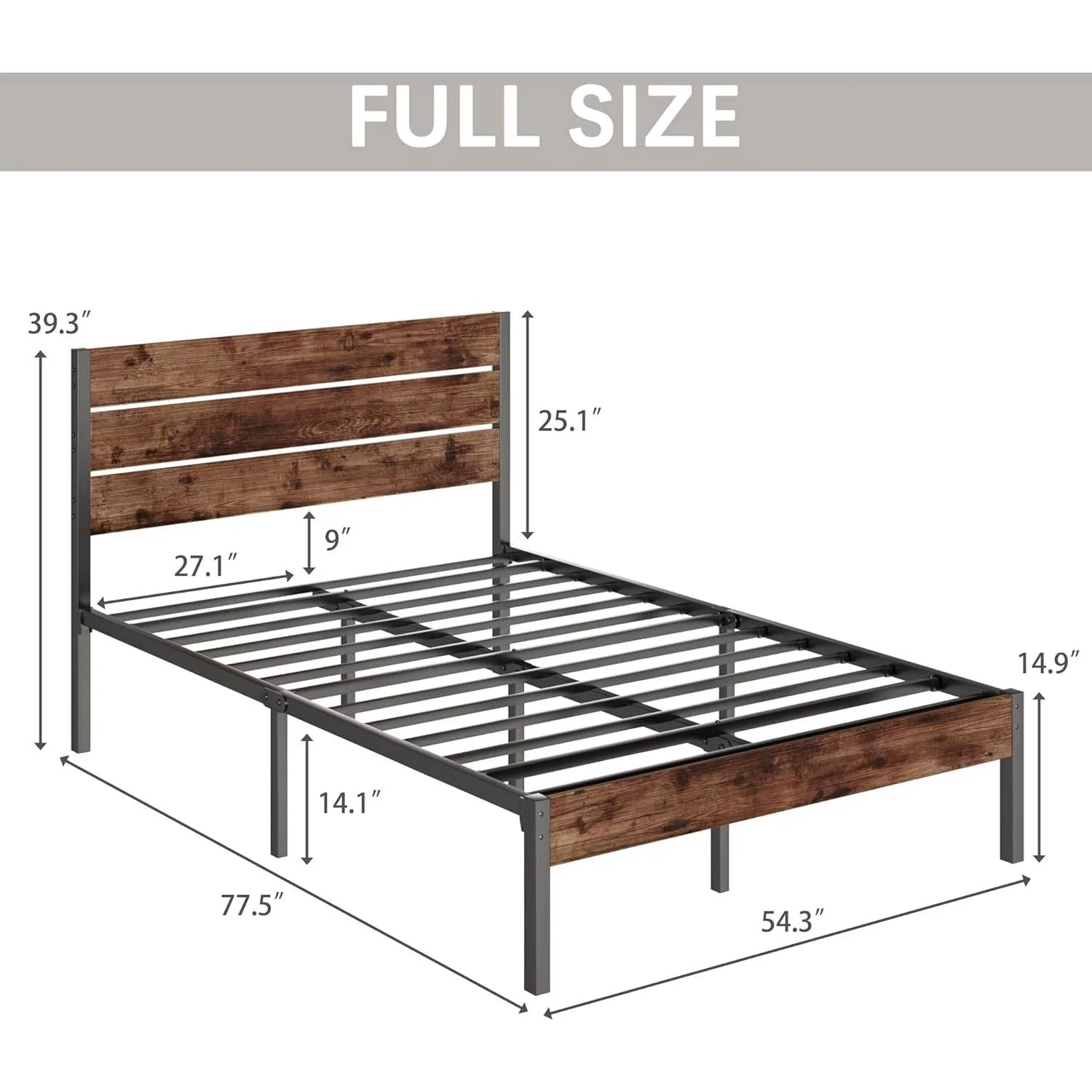 Full size Modern Farmhouse Metal Platform Bed Frame with Brown Wood Headboard - Image 5