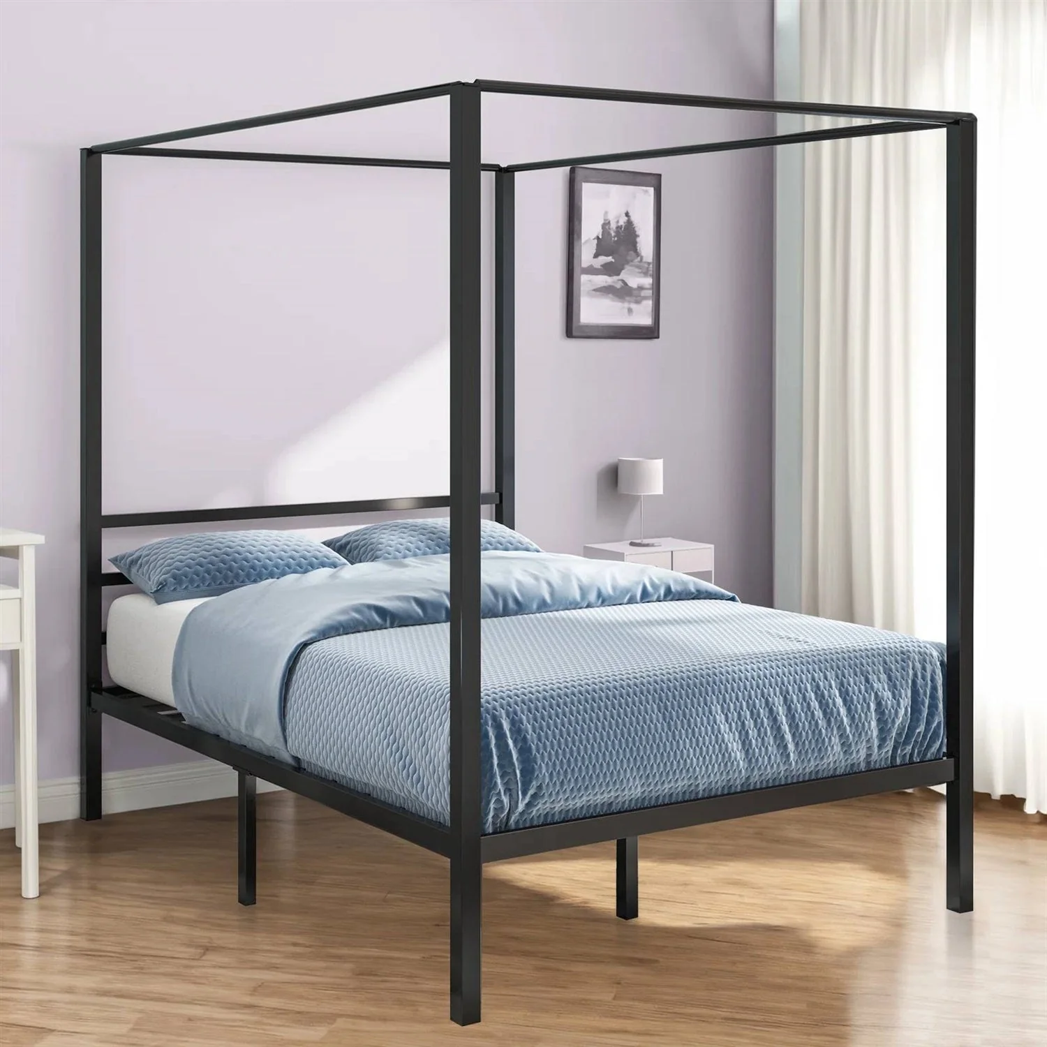 Full size Modern Four Poster Metal Canopy Bed in Black Finish - Image 2